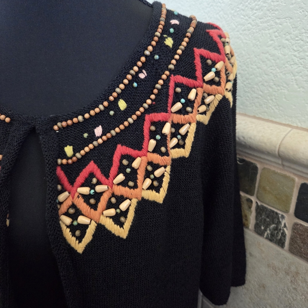 Double D Ranch Black Short-Sleeve Linen Cardigan W/ Embroidery & Beading Western - Picture 2 of 8